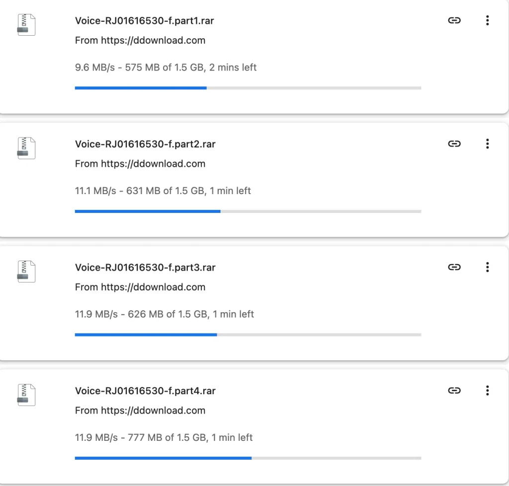 Four parallel DDownload Premium files downloading in Chrome at 44.5 MB/s