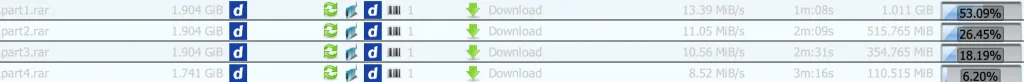 Four DDownload Premium parts running in JDownloader 2 at 43.5 MiB/s